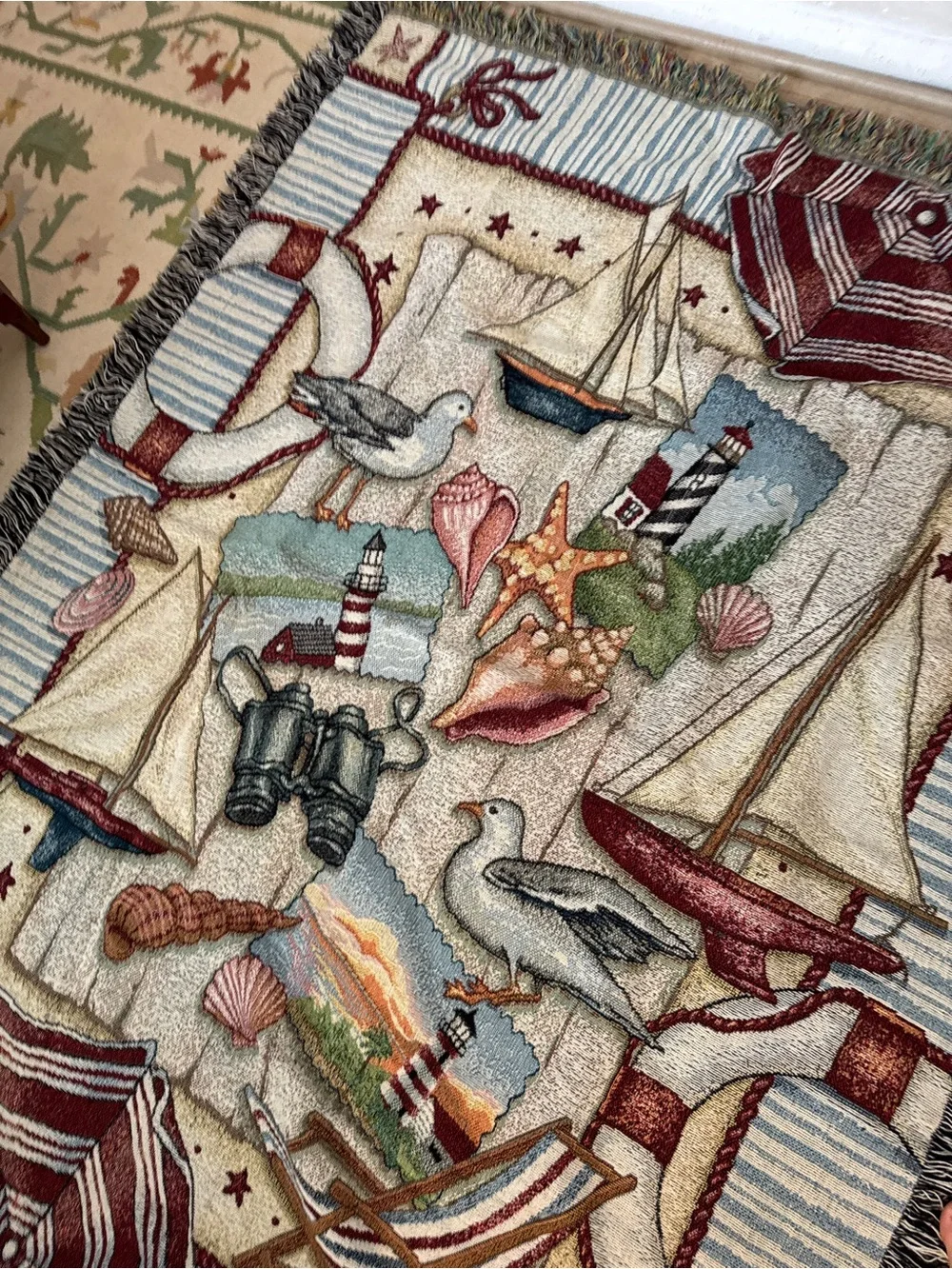 Coastal Sailboat Throw Blanket in Red, Blue, Cream